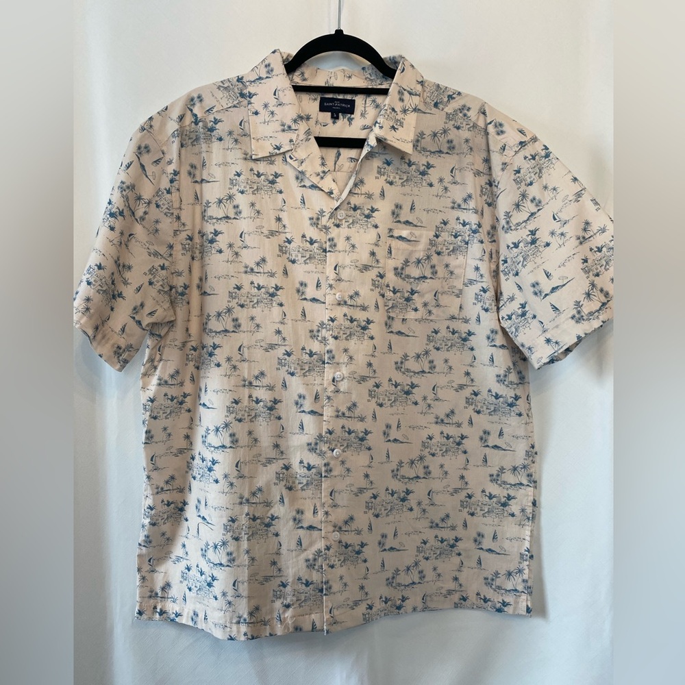 Men's 100% Cotton Cream And Blue Camp Shirt Large Coastal Resortwear Tropical